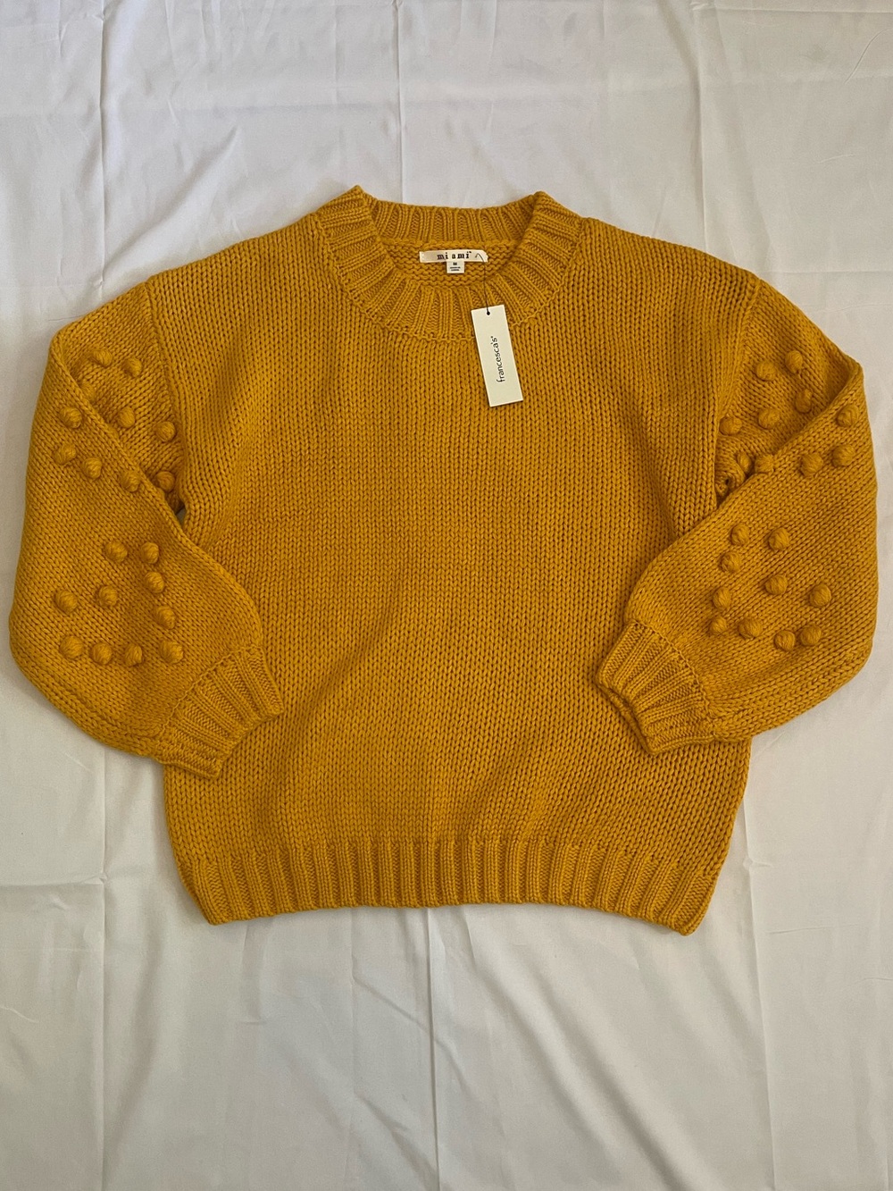 NWT Miami Francesca’s Mustard Pom Pom Sleeve Chunky Knit Sweater M